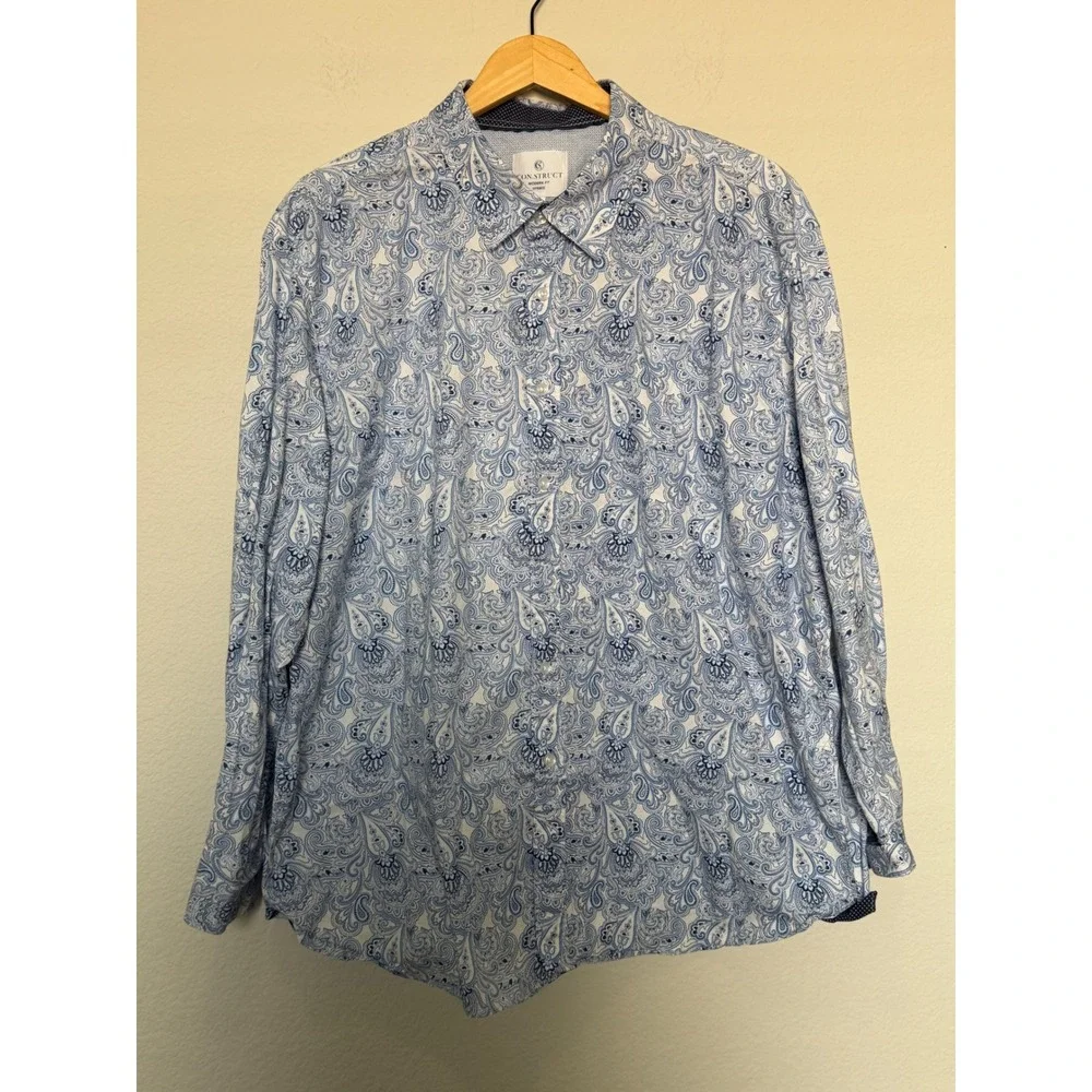 CON.STRUCT Men's XXL Modern Fit Hybrid Blue White Paisley Button Shirt
